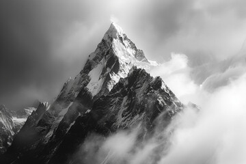 A black and white image of a mountain peak, emphasizing its raw and rugged beauty.