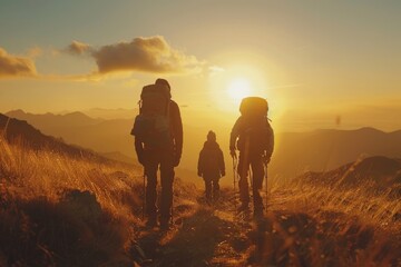 Fototapeta premium Happy family friends hiking journey mountains backpack friend group nature love joy trek hike trekking sports adult children freedom vacation relaxation relaxed holiday experience walking exploring