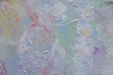 Neutral abstract blossoming background. Decorative oil paint brush strokes structure. Gentle pastel color flowers.