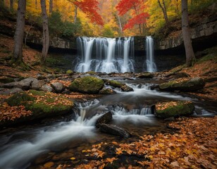 Highlight a cascading waterfall framed by vibrant fall foliage in a secluded forest.
