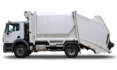 A large white garbage truck with a compactor mechanism on the back, parked on a street - obrazy, fototapety, plakaty