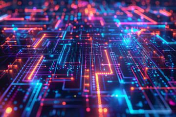 Obraz premium Digital technology background with geometric shapes bathed in vibrant neon hues intersect against a deep, obsidian backdrop, evoking a sense of dynamic connectivity and relentless innovation 