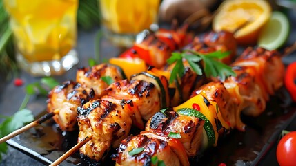 Summer simple recipe for grilling hawaiian chicken kabobs served with freshly diced vegetables and some orange drink in glasses
