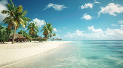 A beautiful beach with white sand, palm trees and blue water.