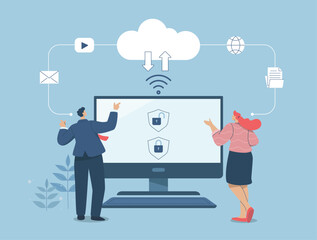 Storing important information of a company or organization in cloud technology, Secure connection, Cloud security, Business team working with computers via secure online system. Vector illustration.