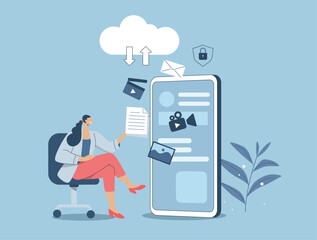 Data storage in cloud computing technology and cloud security, secure connection, storing sensitive data, Woman uses mobile phone to work securely online. Vector design illustration.