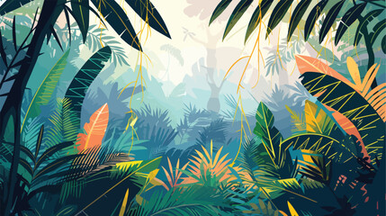 Fototapeta na wymiar Horizontal landscape of tropical jungle. Panoramic