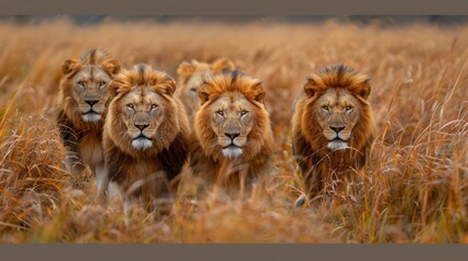 A group of four lions walking through a field together, AI