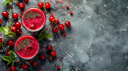 Tasty healthy dieting red berry smoothie with chia seeds in glasses on grey background