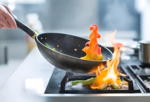 A wok with flames underneath, cooking some orange and yellow vegetables