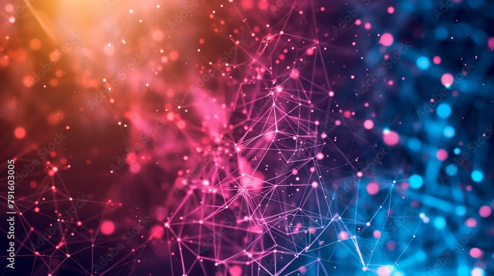 Poster digital abstract illustration of interconnected neurons firing in a synaptic network with a vivid co