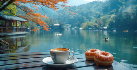 An outdoor table overlooking the green beautiful lake in japan, with coffee and donut cake on it. Generative AI.