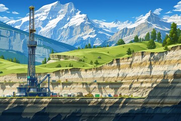 An illustration of an oil well and gas field, showing the layers underground with visible rock strata and surface features like grasslands or forests above.  - obrazy, fototapety, plakaty