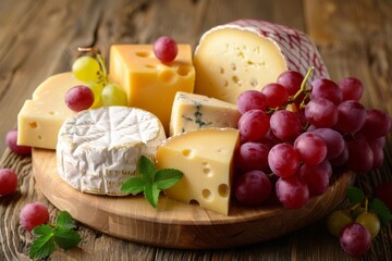 Obraz na płótnie Canvas Artisan Cheese Assortment with Ripe Grapes - A Rustic Delicacy Spread.
