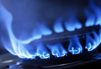 Blue flames on a gas stove, with a dark background - obrazy, fototapety, plakaty