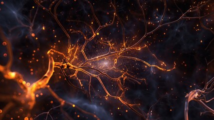 Closeup view of a complex structure resembling neural pathways or cosmic web, with glowing nodes and connections - obrazy, fototapety, plakaty