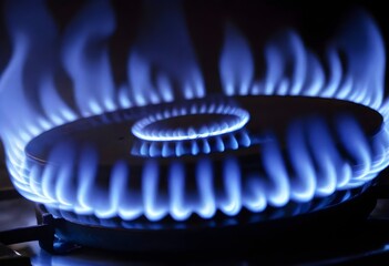 Blue flames on a gas stove, with a dark background - obrazy, fototapety, plakaty