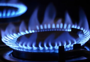 Blue flames on a gas stove, with a dark background