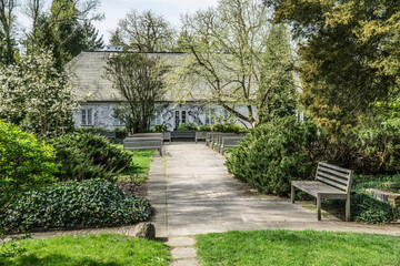 Manor house and benches in Zelazowa Wola, Poland - birthplace of Frederic Chopin