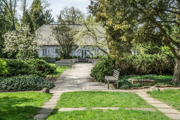 Manor house and benches in Zelazowa Wola, Poland - birthplace of Frederic Chopin