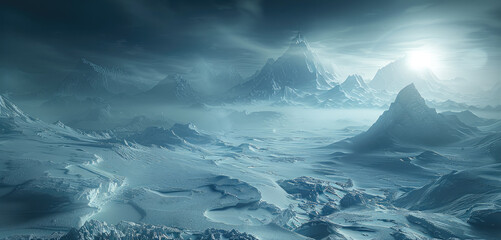 Ice field with Dense and magnificent ice mountains in the distance, Faint light. Generative AI.
