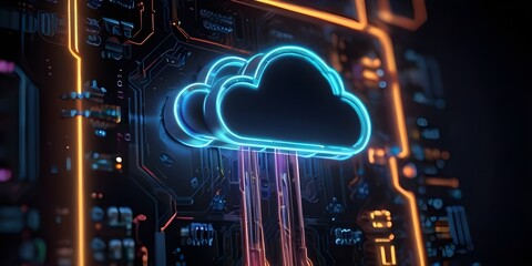 Innovative Neon Cloud Icon on Futuristic Circuit Board: Representing Cloud Computing Technology with Soft Tones, Fine Details, and Modern Design Aesthetics