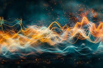 Dynamic and artistic abstract sound wave visualization inspired by music with vibrant orange and blue glowing particles in a modern digital art waveform audio frequency creativity background - obrazy, fototapety, plakaty