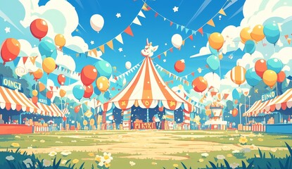 Carnival background with a circus tent, balloons and bohemian elements. An illustration of a whimsical carnival scene - obrazy, fototapety, plakaty