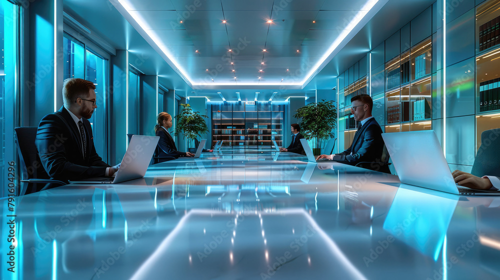 Aufkleber lawyers in a modern law firm using laptops, computers, phones and artificial intelligence for everyt