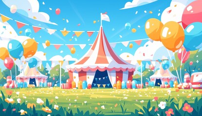 Carnival background with circus tent, balloons and colorful flags