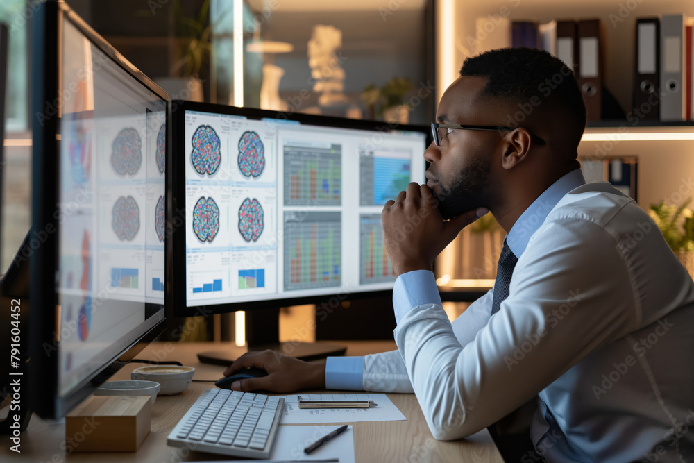 Poster Professional data analyst intently studying brain imaging and activity charts on computer screens