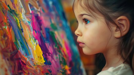 Close-up of a young girl's face as she concentrates on painting a colorful masterpiece on canvas