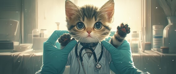 Closeup of an adorable kitten being held in the style of the doctor in his hands, wearing medical gloves and a stethoscope - obrazy, fototapety, plakaty
