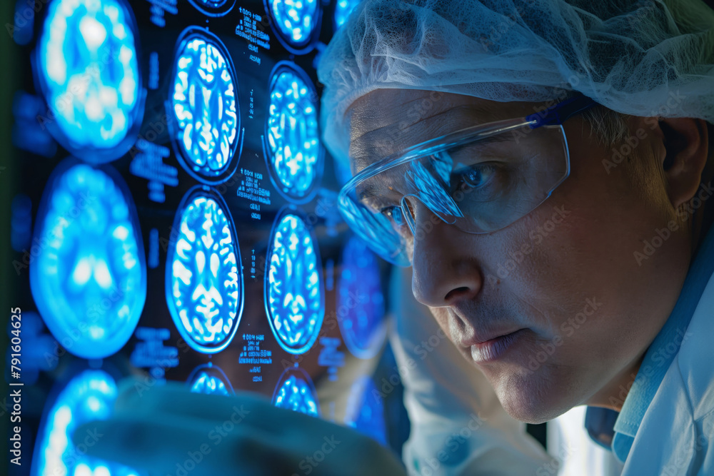 Aufkleber close-up of a geneticist intently studying dna strands projected on monitors in a lab environment