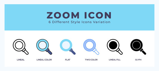 Zoom icon set with different styles. Vector illustration.