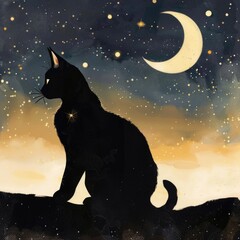 Black cat silhouette sitting on the hill and Moon in background