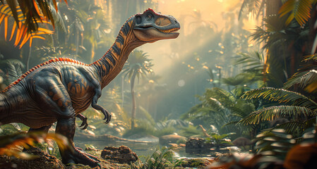 A dinosaur in jungle. The atmosphere should be magical and vibrant. Generative AI.