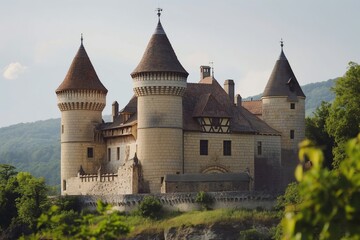 Fototapeta premium Majestic medieval castle with unique brain-shaped turrets set against lush hills