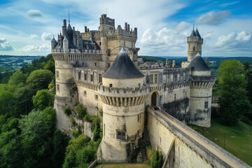 Fototapeta na wymiar Aerial shot of a unique medieval castle with distinctive brain-shaped turrets amidst verdant surroundings