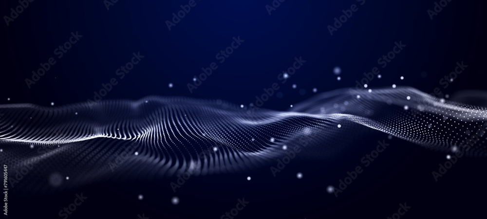 Poster smooth wave of moving particles. big data. 3d rendering.