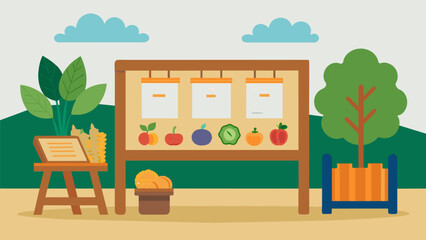 A physical bulletin board at a farmers market showcasing recipes produce in season and information on how to support local farmers.