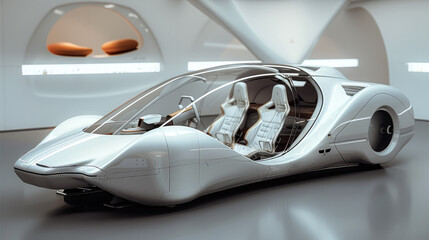 The frosted metal concept cockpit as a model display, the cabin space is spacious and slightly high. Generative AI.