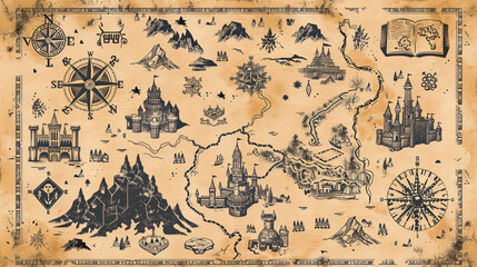 Old game map vector vintage parchment illustration 