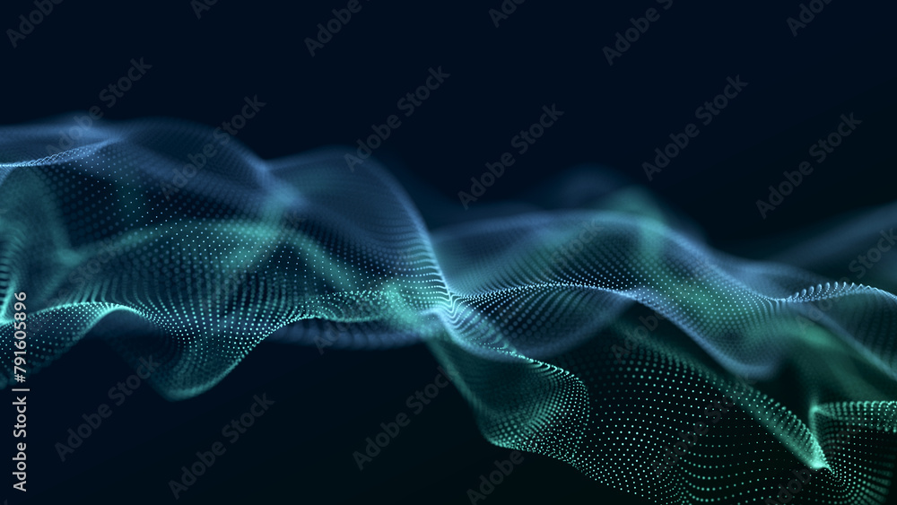 Poster smooth wave of moving particles. big data. 3d rendering.