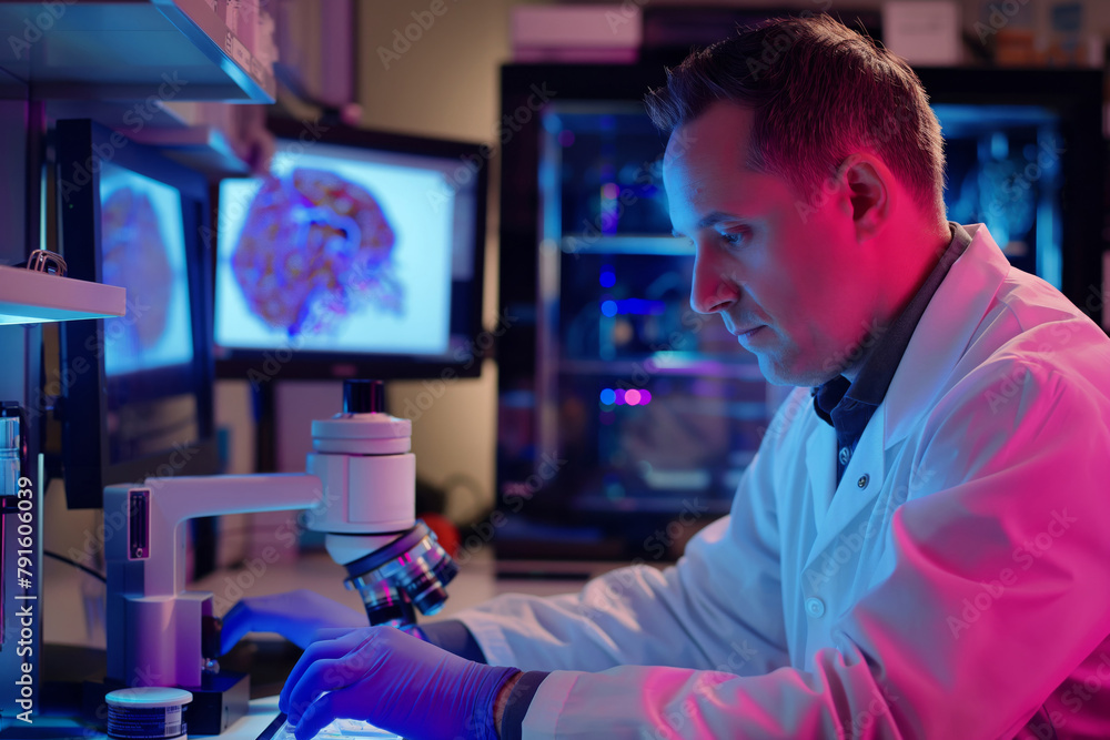 Poster scientist in lab coat examines brain tissue samples under microscope with screens displaying brain i