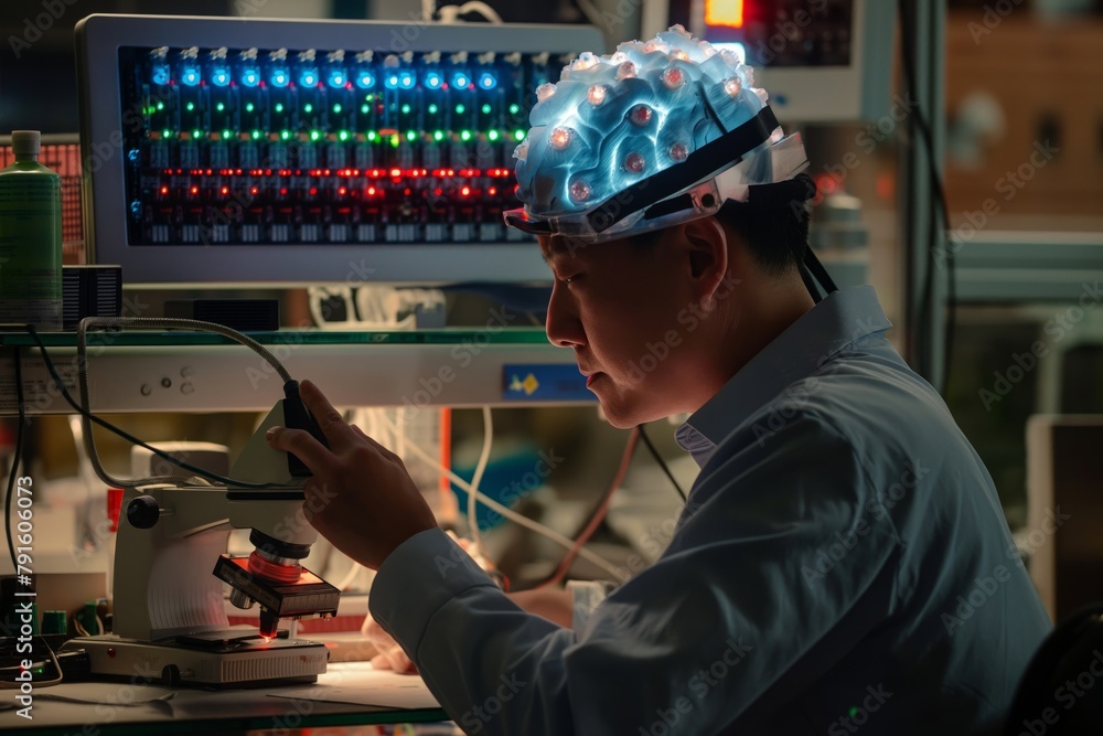 Poster focused scientist wearing a brain activity monitoring cap examines samples under a microscope