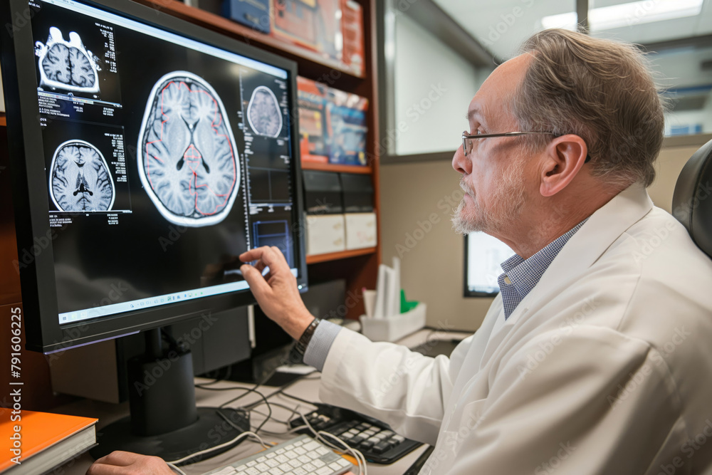 Poster focused scientist examines detailed brain scan images on a computer monitor in a research facility