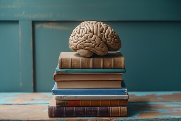 Vintage wooden table with a stack of old textbooks on neuroscience and psychology for academic study and research in cognitive science and mental health