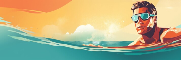 Swimmer in action, sunset seascape illustration, banner with space for text - obrazy, fototapety, plakaty