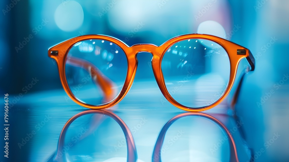 Wall mural Closeup of a pair of orange glasses on a blue background